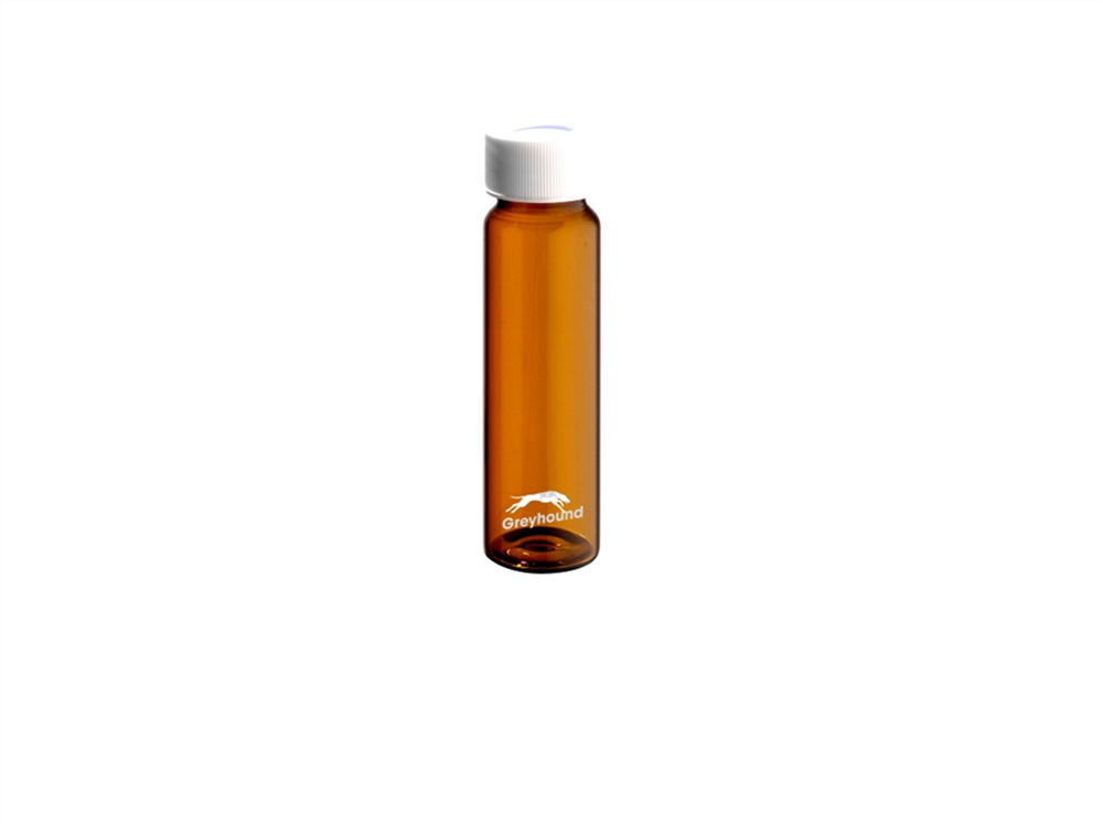 Picture of 40mL EPA/VOA Vial, Class 3, Screw Top, Amber Glass, Precleaned & Certified + 24-414mm Open Top White PP Cap with 3mm PTFE/Silicone Septa